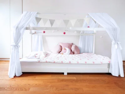 Bettdeko Set grau weiss pink Hausbett Deko